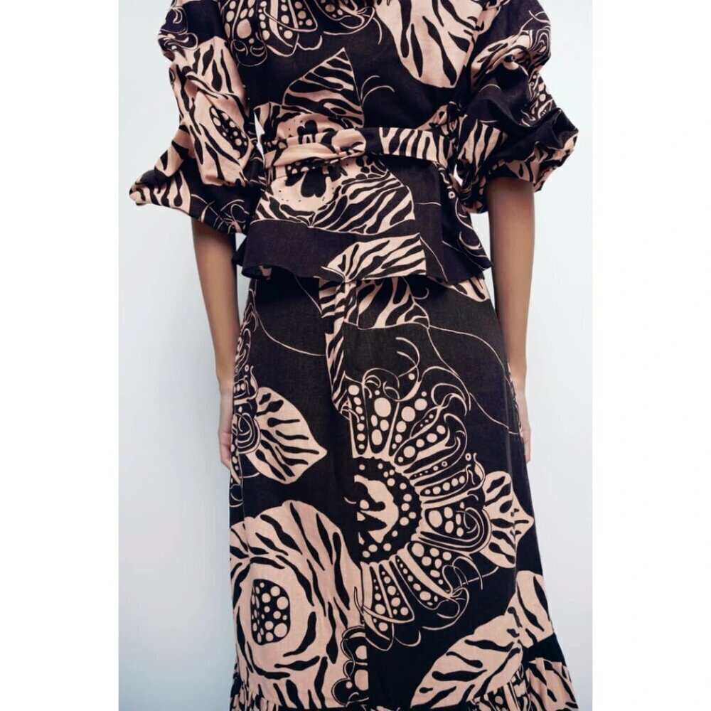 NWOT Zara linen blend botanical print brown & butter tan high waist skirt, XS - Picture 4 of 12